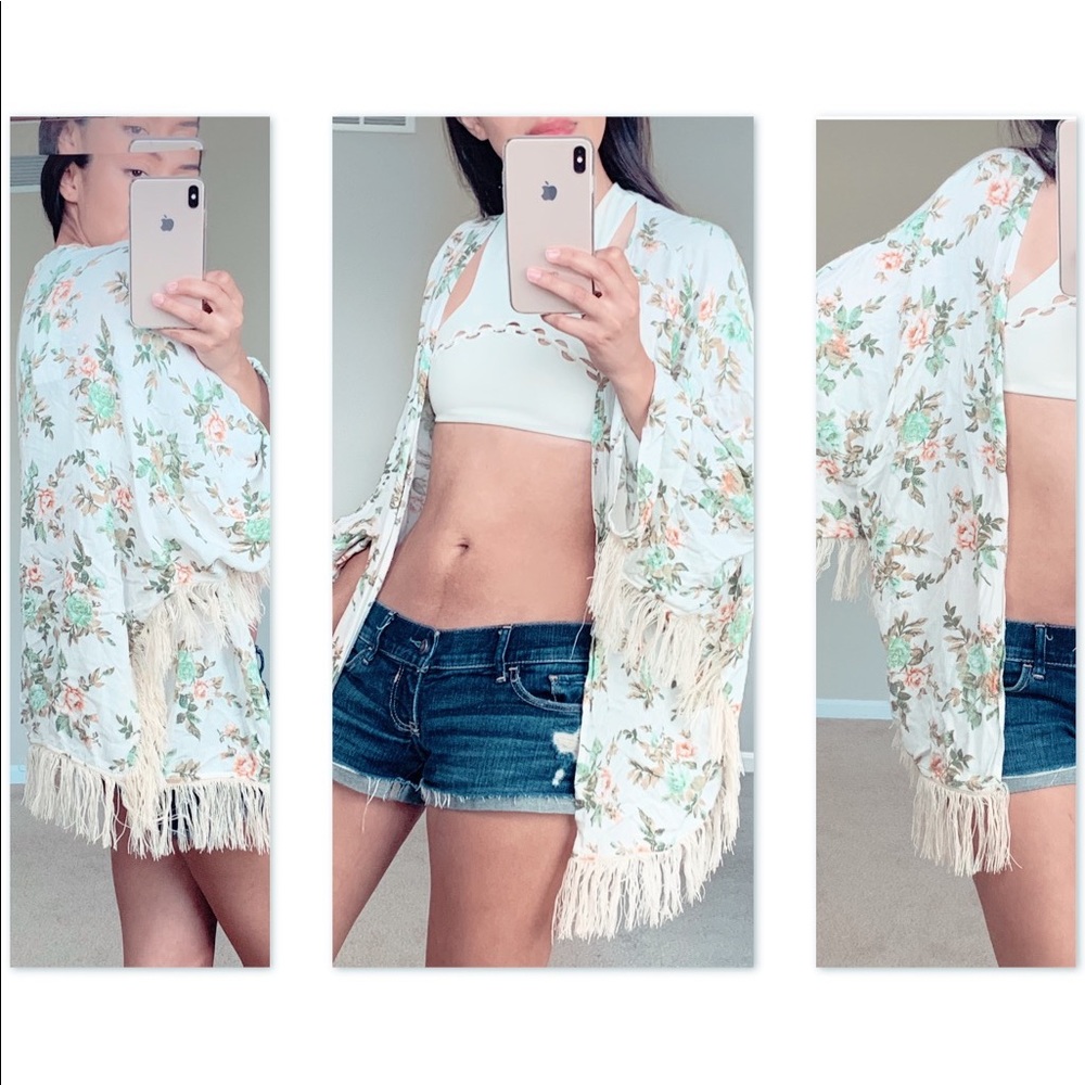 White Floral Shawl Cover-up with Fringe Hem OS